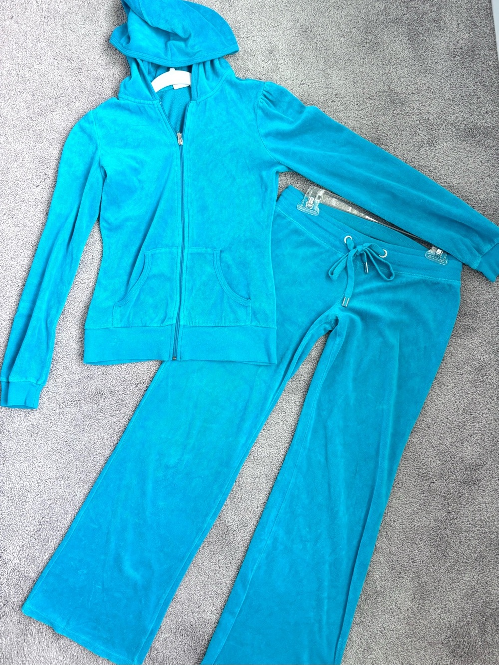 Vintage Velour Lounge Blu Chic Set Y2K Hoodie Bootcut Pants Aqua Blue Small